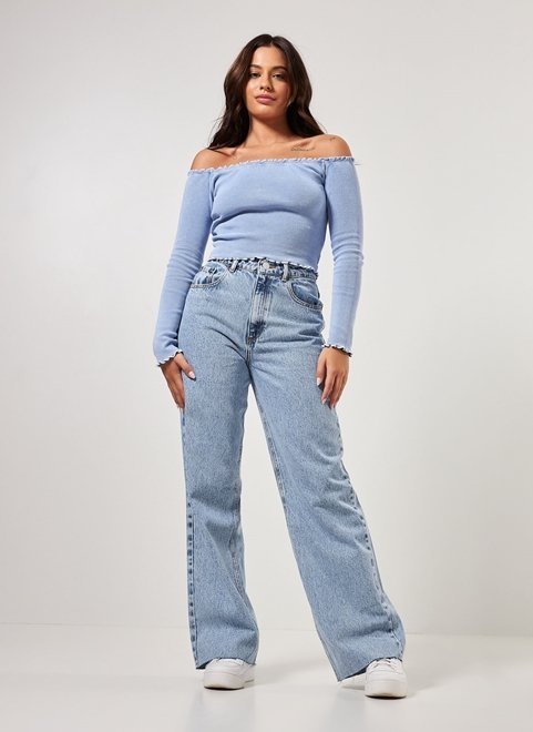Calça WIde Leg Cintura Alta em Jeans com Bolsos e Barra a FIo Azul