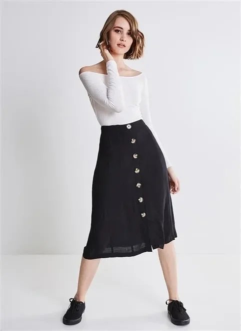 saia midi com botões saia midi com botões