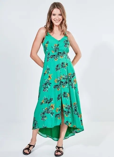 vestido longo floral com botões forrados vestido longo floral com botões forrados