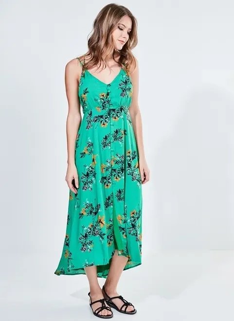 vestido longo floral com botões forrados vestido longo floral com botões forrados