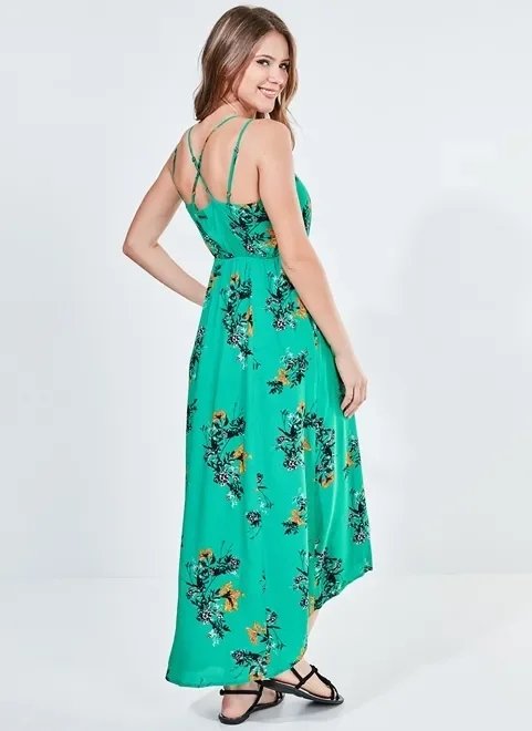 vestido longo floral com botões forrados vestido longo floral com botões forrados