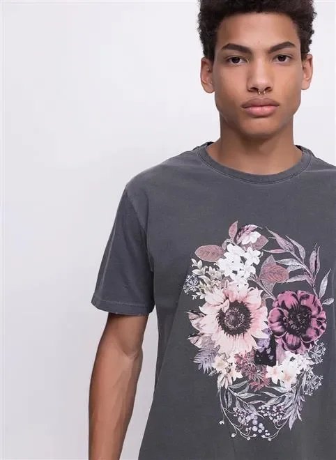 camiseta estonada caveira floral camiseta estonada caveira floral