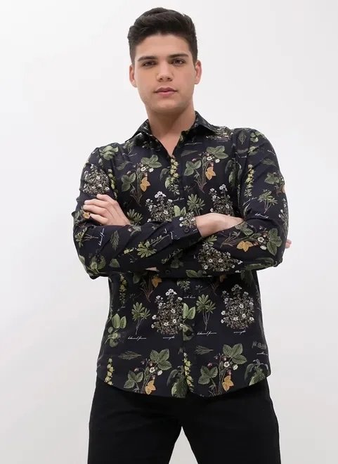 camisa estampa botânica preta camisa estampa botânica preta