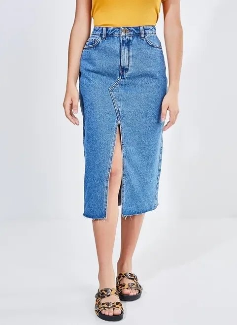 saia midi em jeans médio com fenda saia midi em jeans médio com fenda