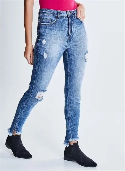 calça skinny jeans marmorizada com rasgos calça skinny jeans marmorizada com rasgos