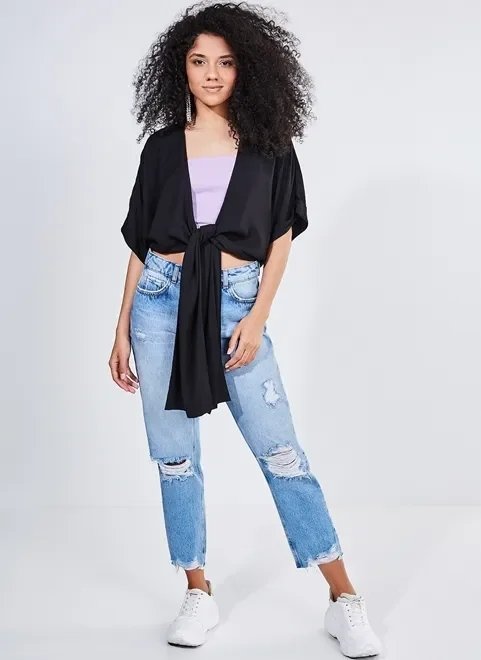 blusa cropped manga curta com amarração blusa cropped manga curta com amarração