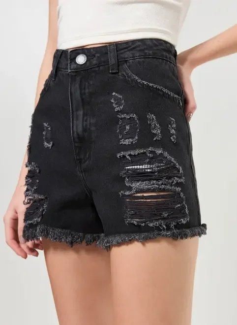 short jeans preto desfiado com rasgos short jeans preto desfiado com rasgos