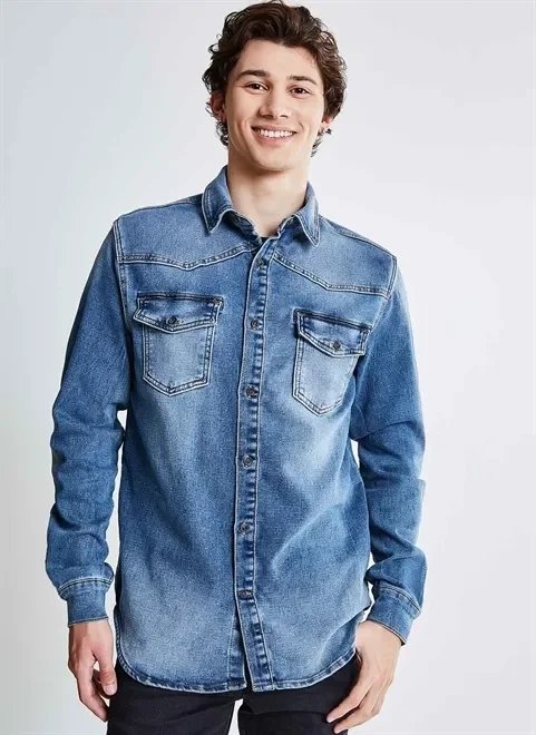 camisa manga longa em malha jeans camisa manga longa em malha jeans