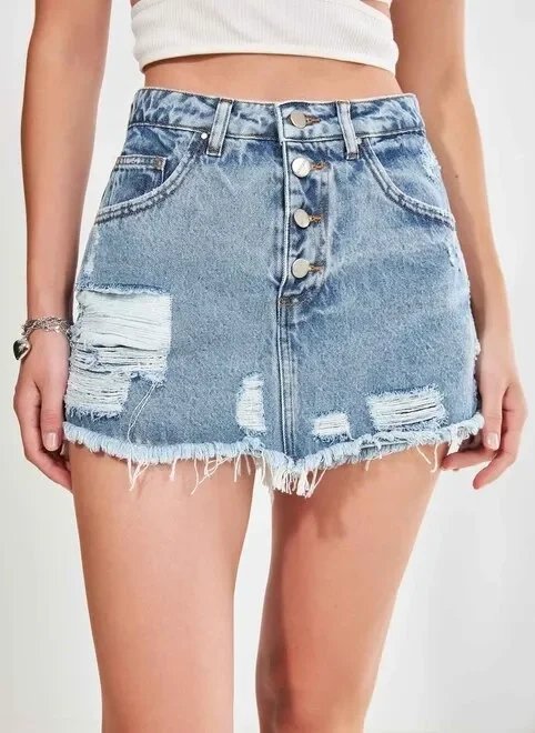 short saia jeans destroyed botões short saia jeans destroyed botões