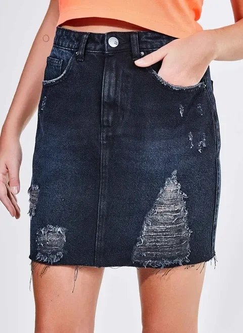 saia jeans cintura alta com puídos saia jeans cintura alta com puídos