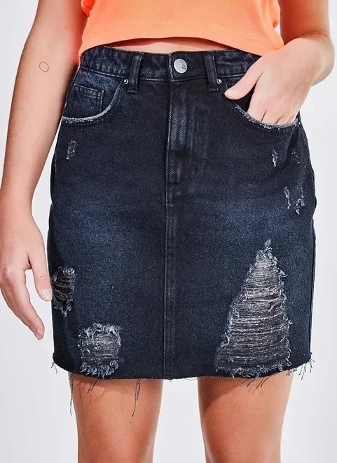 saia jeans cintura alta com puídos saia jeans cintura alta com puídos
