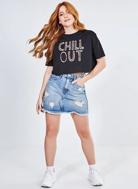 saia cintura alta em jeans com rasgos saia cintura alta em jeans com rasgos