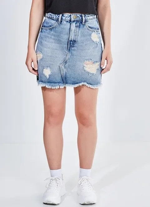 saia cintura alta em jeans com rasgos saia cintura alta em jeans com rasgos