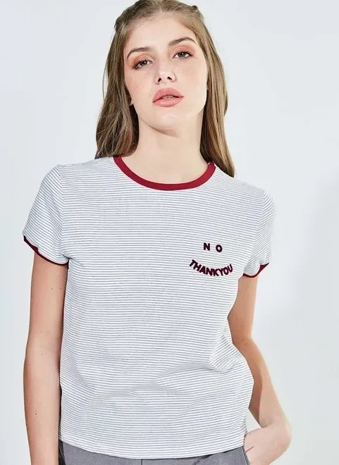 blusa listrada estampa flocada no thank you blusa listrada estampa flocada no thank you