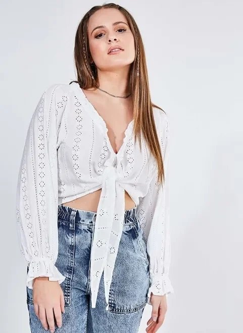 blusa cropped broderie com amarração blusa cropped broderie com amarração