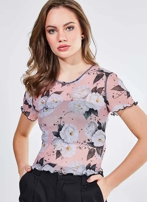 blusa manga curta em tule estampado blusa manga curta em tule estampado