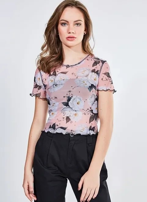 blusa manga curta em tule estampado blusa manga curta em tule estampado