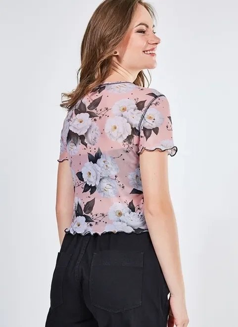 blusa manga curta em tule estampado blusa manga curta em tule estampado
