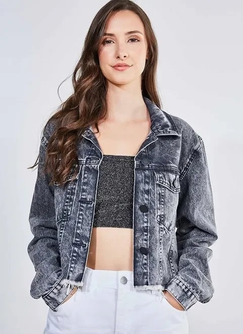 jaqueta jeans marmorizado bainha desfiada jaqueta jeans marmorizado bainha desfiada