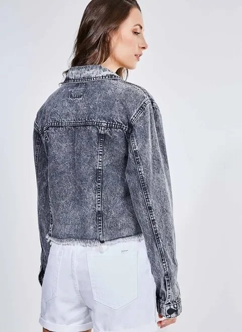 jaqueta jeans marmorizado bainha desfiada jaqueta jeans marmorizado bainha desfiada