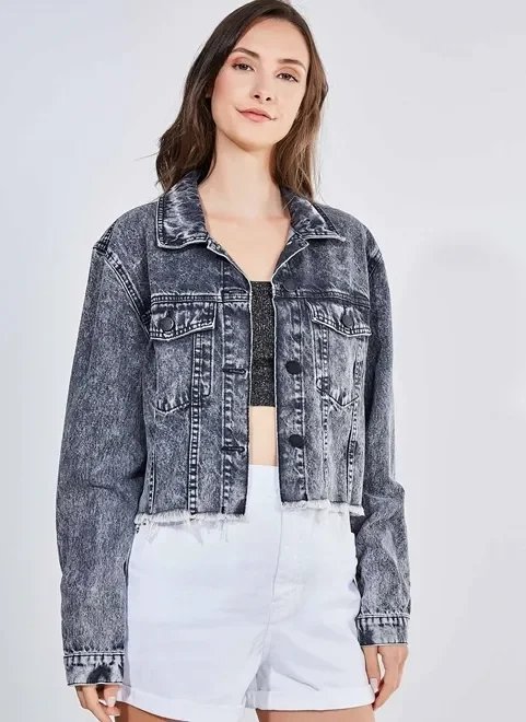 jaqueta jeans marmorizado bainha desfiada jaqueta jeans marmorizado bainha desfiada
