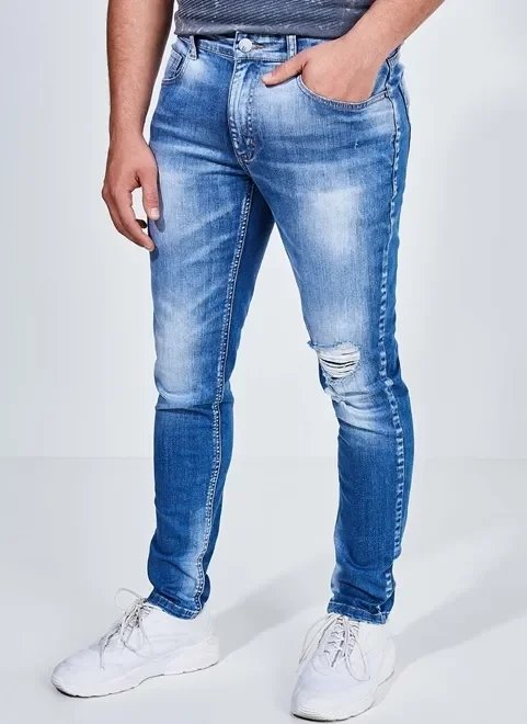 calça super skinny em jeans médio com puídos calça super skinny em jeans médio com puídos