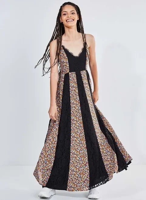 vestido longo estampa floral com renda vestido longo estampa floral com renda
