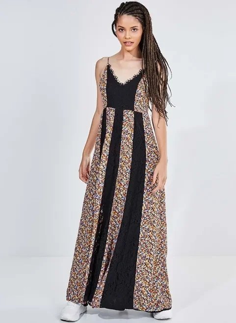 vestido longo estampa floral com renda vestido longo estampa floral com renda