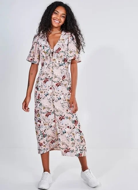 vestido midi rosa estampa flores vestido midi rosa estampa flores