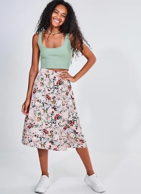 saia midi estampa flores com botões saia midi estampa flores com botões