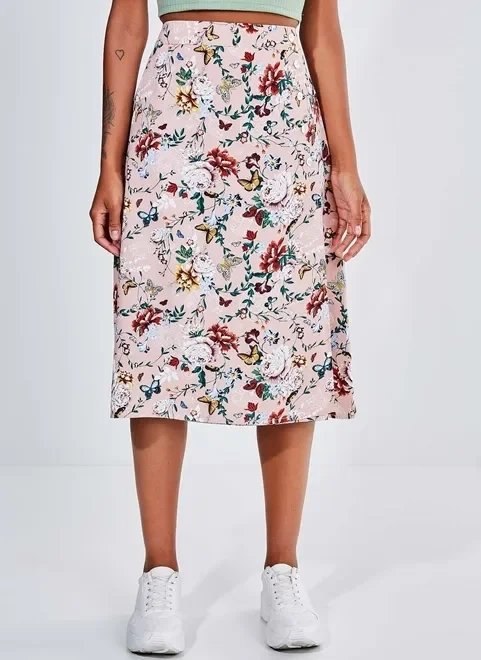 saia midi estampa flores com botões saia midi estampa flores com botões