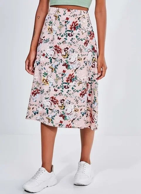 saia midi estampa flores com botões saia midi estampa flores com botões