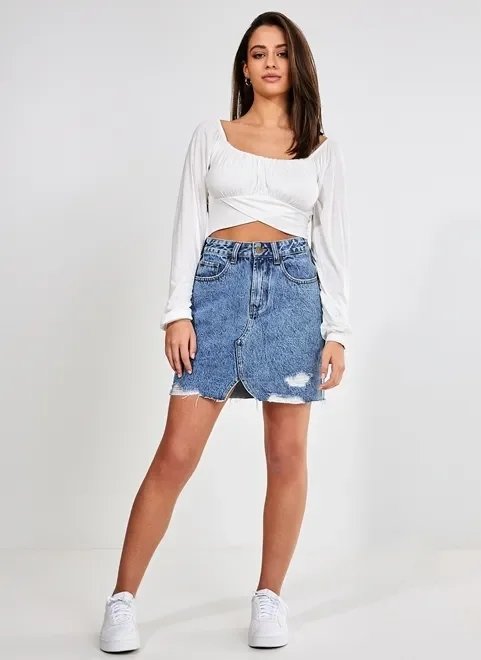 saia jeans cintura alta com fenda saia jeans cintura alta com fenda