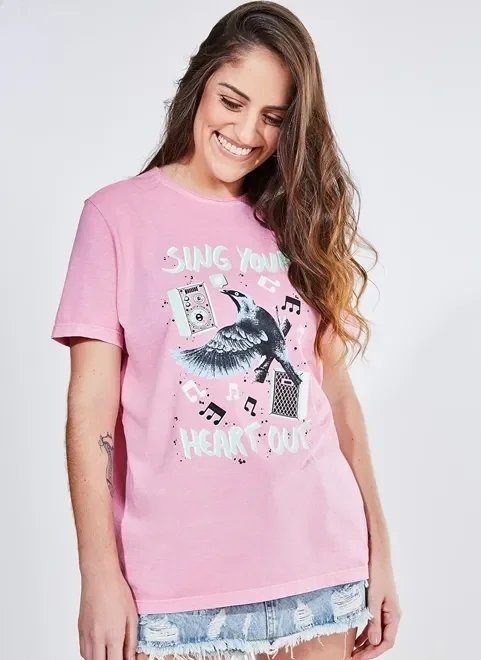 camiseta rosa estampa pássaro camiseta rosa estampa pássaro