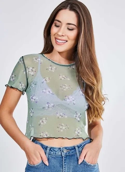 blusa verde em tule estampa floral blusa verde em tule estampa floral