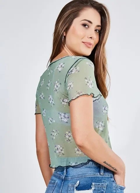 blusa verde em tule estampa floral blusa verde em tule estampa floral