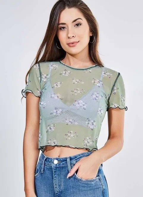 blusa verde em tule estampa floral blusa verde em tule estampa floral