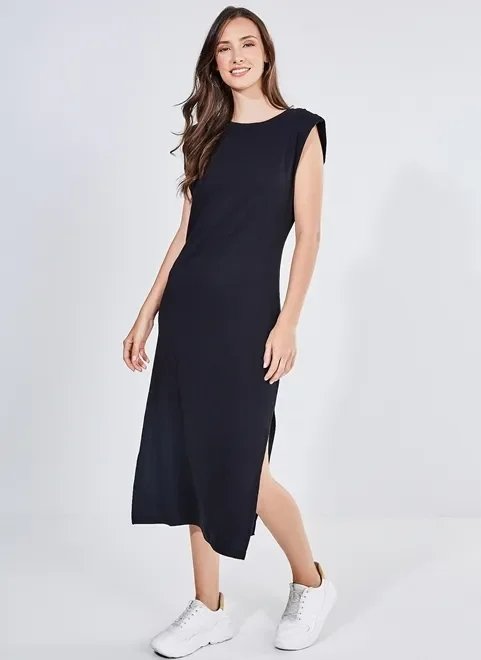 vestido midi preto em malha com ombreiras vestido midi preto em malha com ombreiras