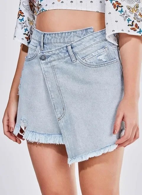 saia jeans com fenda e franjinhas na barra saia jeans com fenda e franjinhas na barra