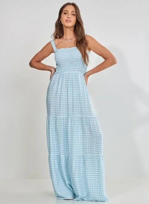 vestido xadrez azul com babados marias e lastex vestido xadrez azul com babados marias e lastex