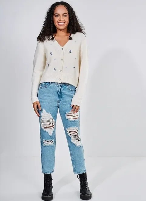 cardigan de tricô com bordado de florzinhas cardigan de tricô com bordado de florzinhas