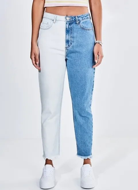 calça mom jeans bicolor calça mom jeans bicolor