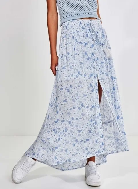 saia longa com estampa paisley branca e azul saia longa com estampa paisley branca e azul