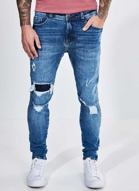 calça jeans super skinny com recorte e rasgos calça jeans super skinny com recorte e rasgos