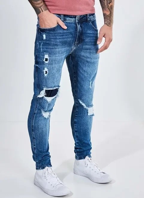 calça jeans super skinny com recorte e rasgos calça jeans super skinny com recorte e rasgos