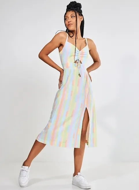 vestido midi estampa listras coloridas vestido midi estampa listras coloridas