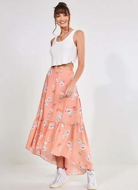 saia midi babado coral com flores saia midi babado coral com flores