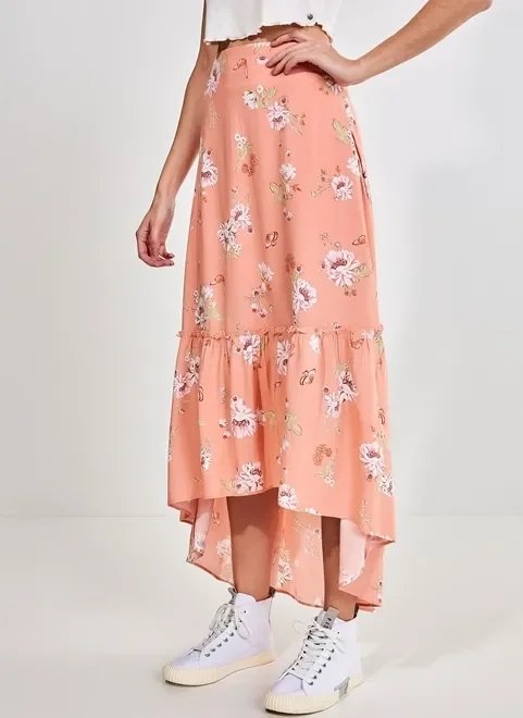 saia midi babado coral com flores saia midi babado coral com flores