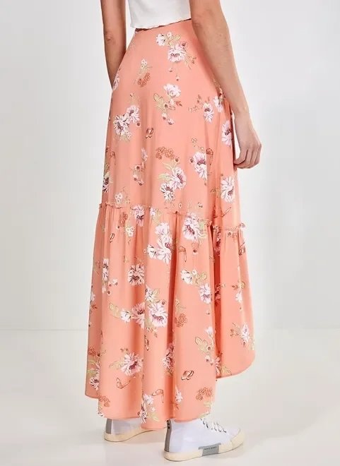 saia midi babado coral com flores saia midi babado coral com flores