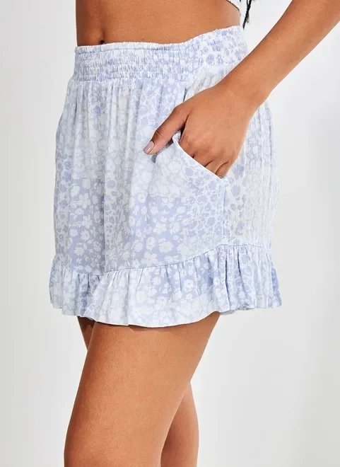 shorts de tecido com flores azulzinhas shorts de tecido com flores azulzinhas